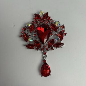 Red Rhinestone Floral Teardrop Brooch Wedding Bridal Big Pin AB Unmarked Jewelry